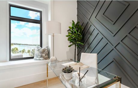 Modern contemporary home interiors living room dining room kitchen bathroom bedroom office study entry foyer staircase front door hallway. Kitchen interior is spacious and open concept view to living room