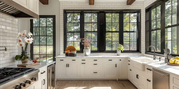 Modern Farmhouse Kitchen with White Cabinets and Black Windows
